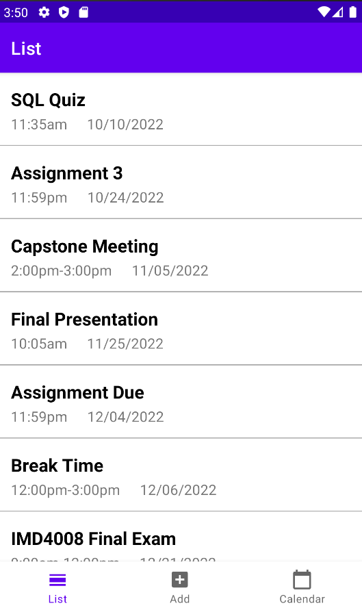 Scheduling App Screenshot